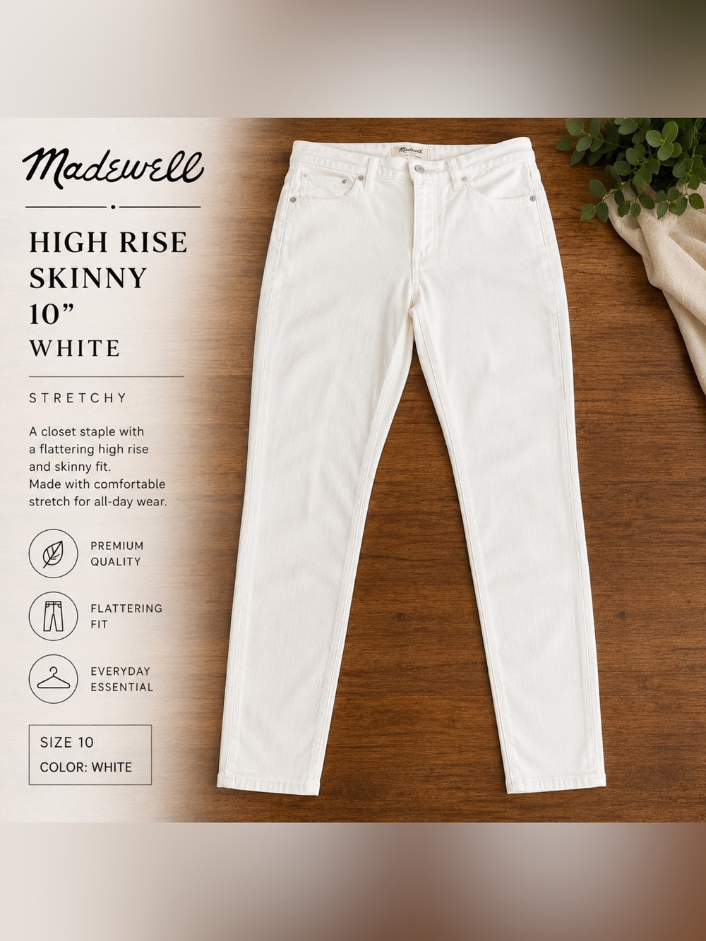 Madewell 10” High Rise Skinny Jeans White Stretch Denim Size 29 (w)